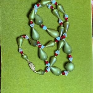 Olive Green Teardrop Bead Art Deco Necklace with Red and Pale Blue Accents